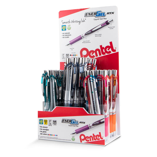 EnerGel RTX Retractable Liquid Gel Pen, (0.7mm) Metal Tip, Medium Line, Assorted Ink Colors, Open Stock Display - 72 Pieces (BL77-6)