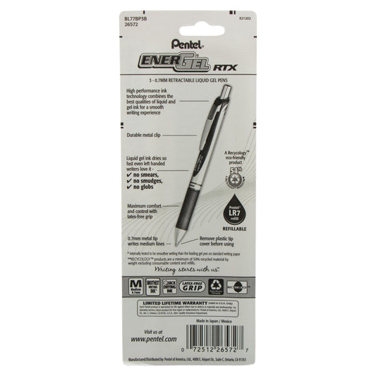 EnerGel RTX Retractable Liquid Gel Pen, (0.7mm) Metal Tip, Medium Line, Red Ink 3-Pk (BL77BP3B)