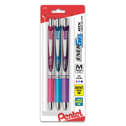 EnerGel RTX Retractable Liquid Gel Pen, (0.7mm) Metal Tip, Medium Line, Assorted Ink (P/S/V) 3-Pk (BL77BP3M1)