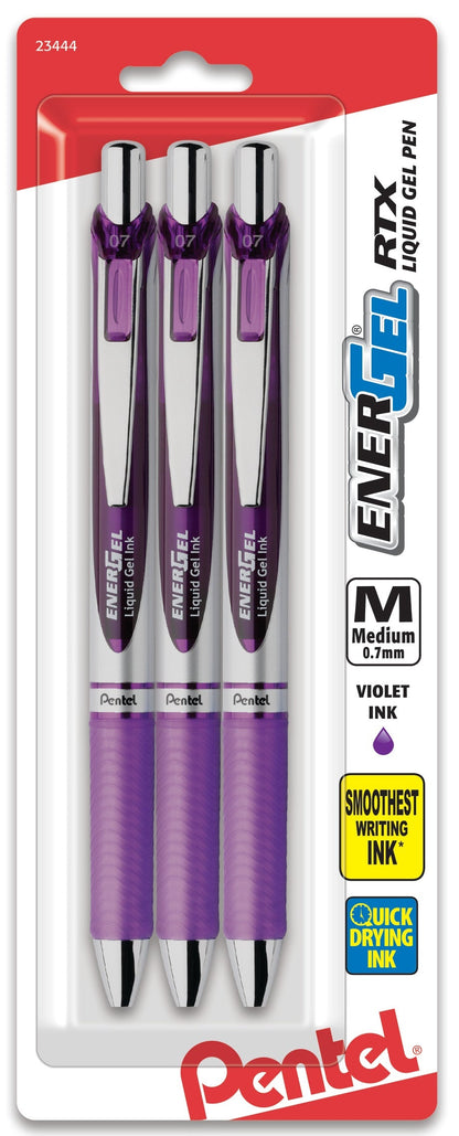 Pentel EnerGel RTX Retractable Liquid Gel Pen, (0.7mm) Metal Tip, Medium Line, Violet Ink 3-Pk (BL77BP3V)