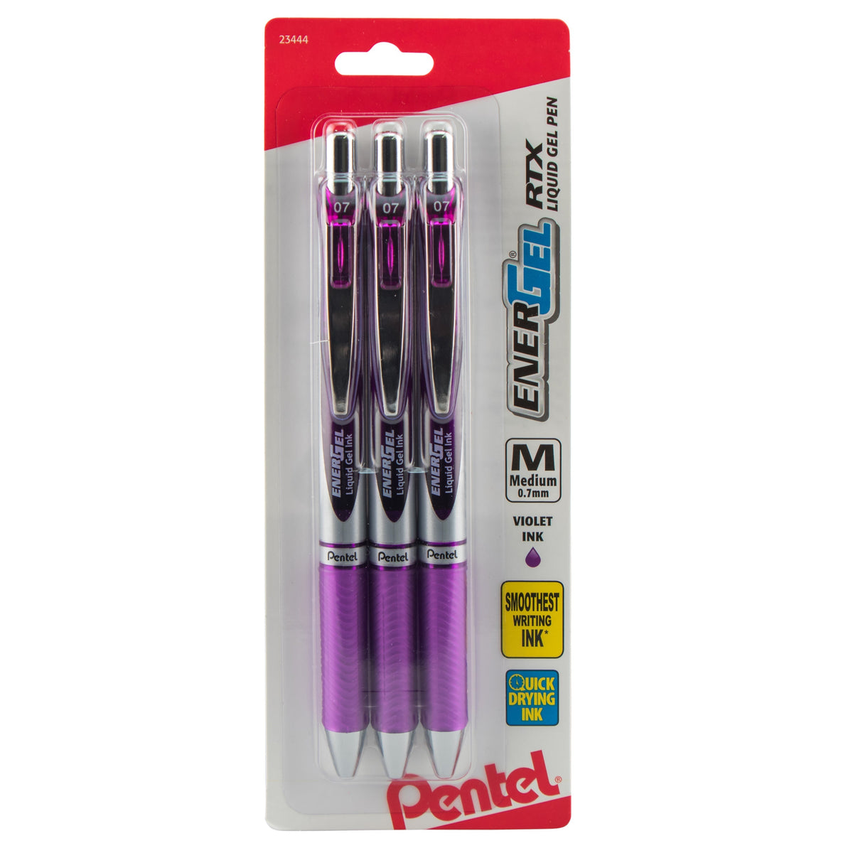 Pentel EnerGel RTX Retractable Liquid Gel Pen, (0.7mm) Metal Tip, Medium Line, Violet Ink 3-Pk (BL77BP3V)