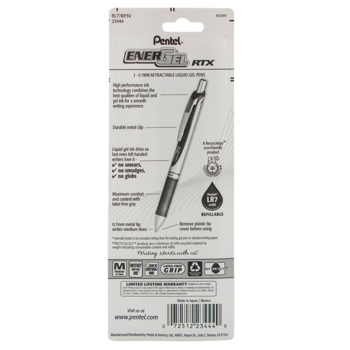 Pentel EnerGel RTX Retractable Liquid Gel Pen, (0.7mm) Metal Tip, Medium Line, Violet Ink 3-Pk (BL77BP3V)