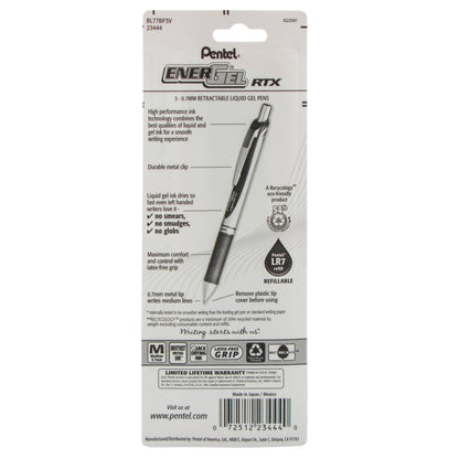 Pentel EnerGel RTX Retractable Liquid Gel Pen, (0.7mm) Metal Tip, Medium Line, Violet Ink 3-Pk (BL77BP3V)