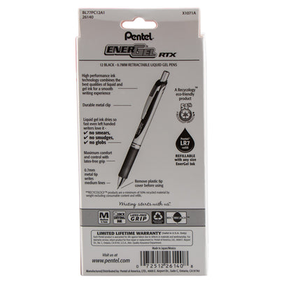 EnerGel RTX Retractable Liquid Gel Pen, (0.7mm) Metal Tip, Medium Line,0.7mm, Black Ink, 12-Pk Hanging Window Box (BL77PC12A1)