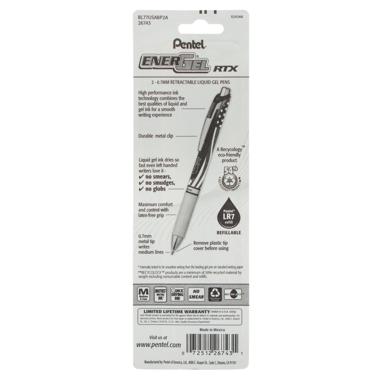 EnerGel RTX Retractable Liquid Gel Pen, Flag Barrel, (0.7mm) Metal Tip, Medium Line, Black Ink, 2-Pk (BL77USABP2A)