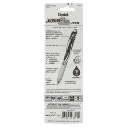 EnerGel RTX Retractable Liquid Gel Pen, Flag Barrel, (0.7mm) Metal Tip, Medium Line, Black Ink, 2-Pk (BL77USABP2A)