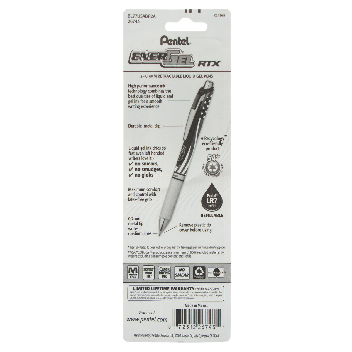 Pentel EnerGel RTX Retractable Liquid Gel Pen, Flag Barrel, (0.7mm) Metal Tip, Medium Line, Black Ink, 2-Pk (BL77USABP2A)