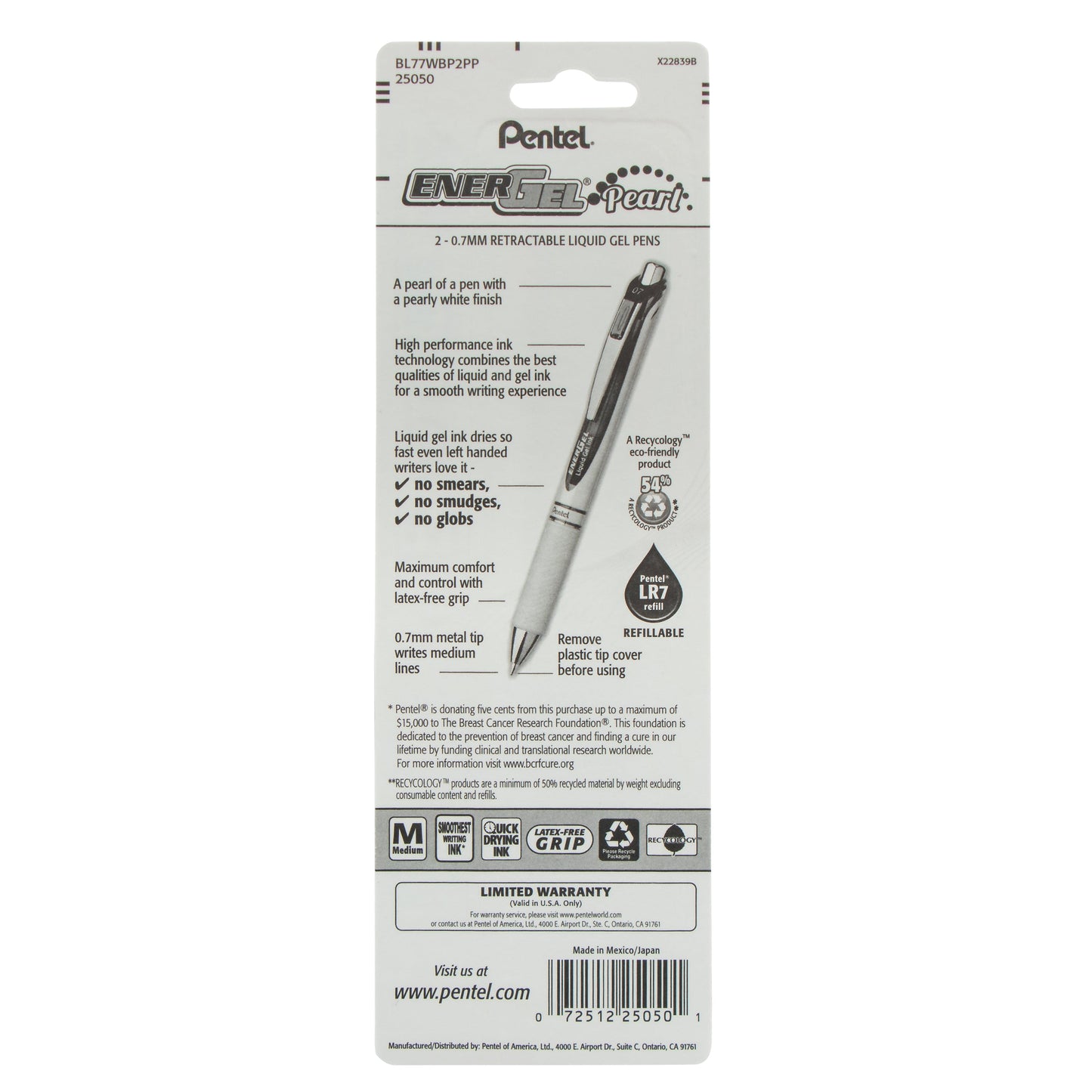 PINK BCA EnerGel Pearl Retractable Liquid Gel Pen, (0.7mm) Metal Tip, Medium Line, Pink Accent, Pink Ink 2-Pk (BL77WBP2PP)
