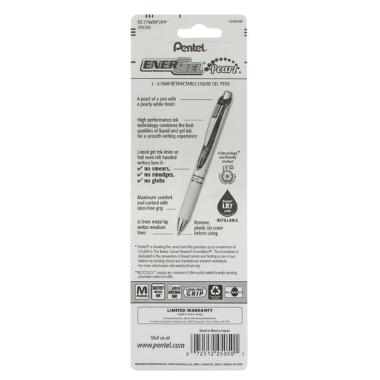 PINK BCA EnerGel Pearl Retractable Liquid Gel Pen, (0.7mm) Metal Tip, Medium Line, Pink Accent, Pink Ink 2-Pk (BL77WBP2PP)