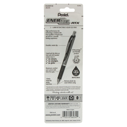 EnerGel RTX Retractable Liquid Gel Pen, (1.0mm) Metal Tip, Bold Line, Red Ink 2-Pk (BL80BP2B)