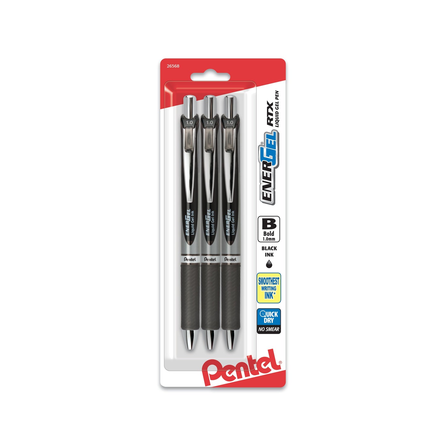 EnerGel RTX Retractable Liquid Gel Pen, (1.0mm) Metal Tip, Bold Line, Black Ink 3-Pk (BL80BP3A)