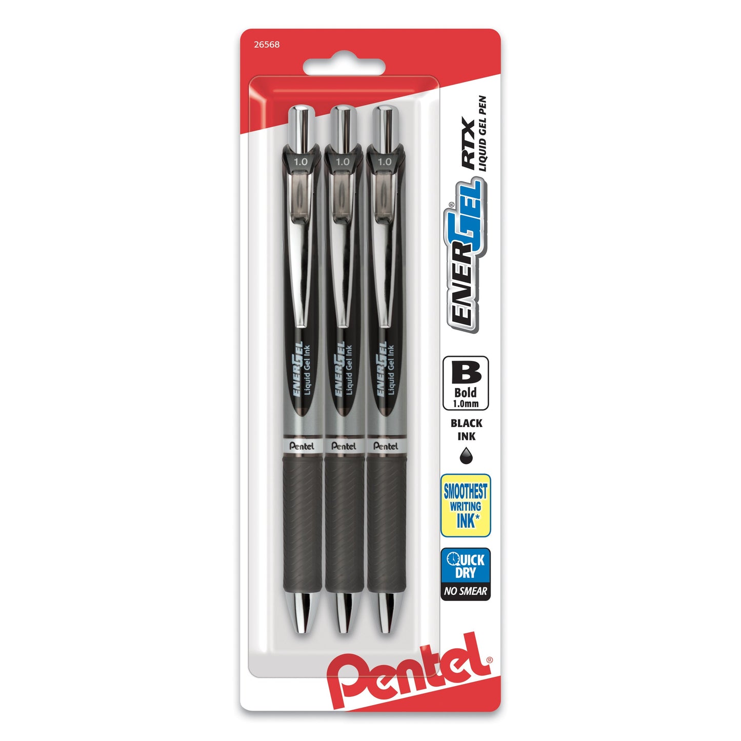 EnerGel RTX Retractable Liquid Gel Pen, (1.0mm) Metal Tip, Bold Line, Black Ink 3-Pk (BL80BP3A)