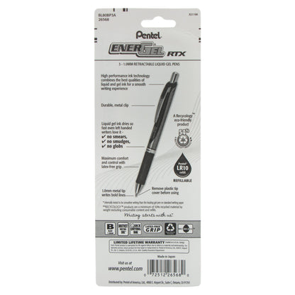 EnerGel RTX Retractable Liquid Gel Pen, (1.0mm) Metal Tip, Bold Line, Black Ink 3-Pk (BL80BP3A)