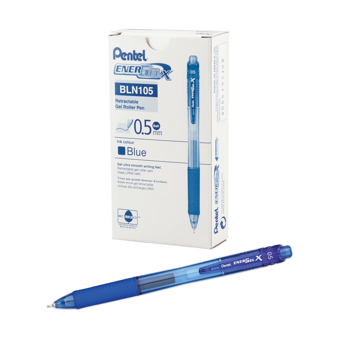 EnerGel-X Retractable Liquid Gel Pen, (0.5mm) Needle Tip, Fine Line, Blue Ink (BLN105-C)