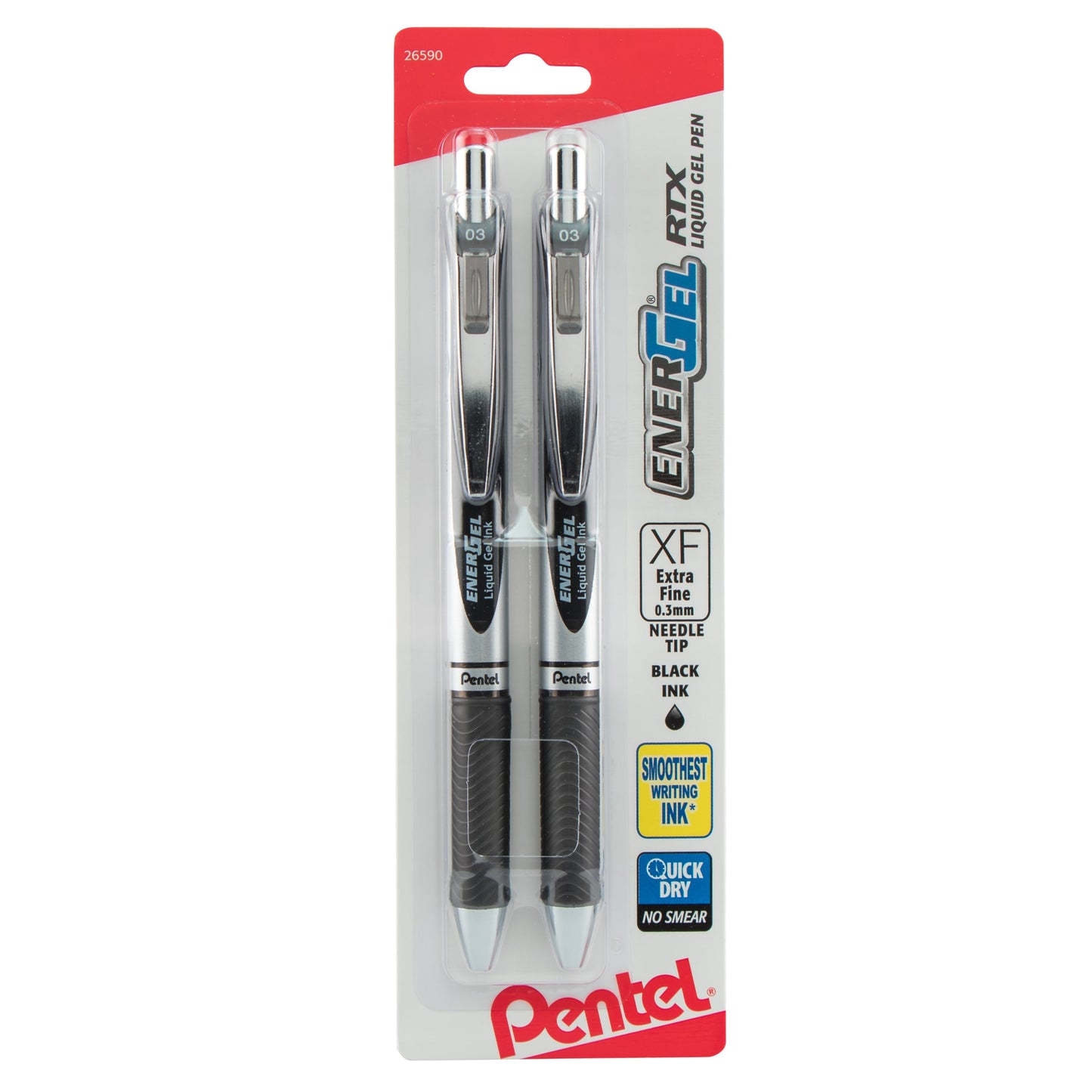 EnerGel RTX Retractable Liquid Gel Pen, (0.3mm) Needle Tip, Extra Fine Line, Black Ink, 2-Pk (BLN73BP2A)