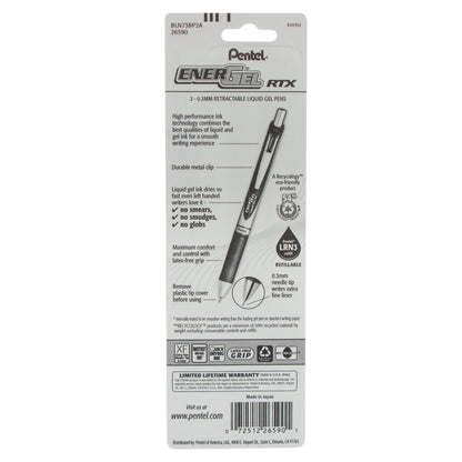 EnerGel RTX Retractable Liquid Gel Pen, (0.3mm) Needle Tip, Extra Fine Line, Black Ink, 2-Pk (BLN73BP2A)