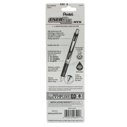 EnerGel RTX Retractable Liquid Gel Pen, (0.3mm) Needle Tip, Extra Fine Line, Red Ink, 2-Pk (BLN73BP2B)