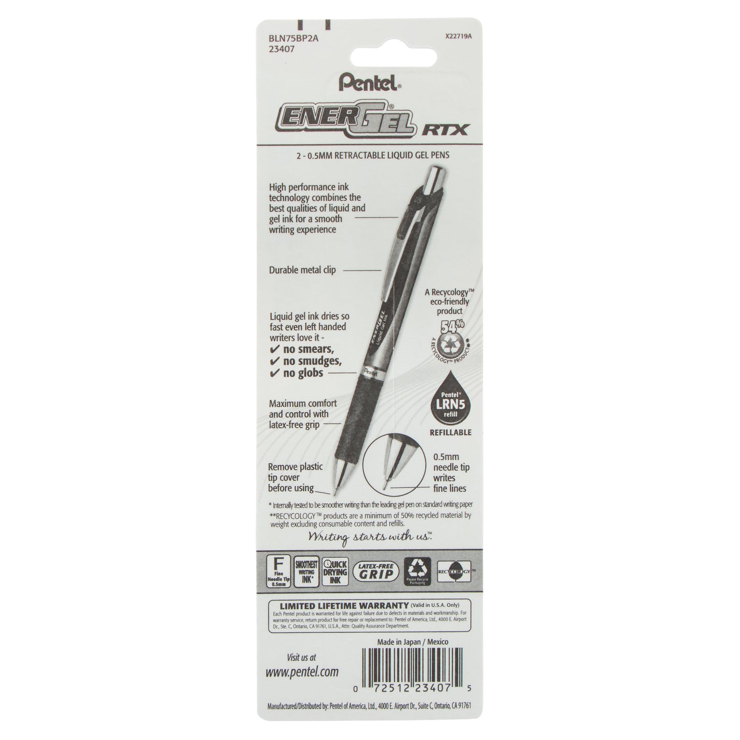 EnerGel RTX Retractable Liquid Gel Pen, (0.5mm) Needle Tip, Fine Line, Black Ink 2-Pk (BLN75BP2A)