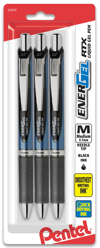 EnerGel RTX Retractable Liquid Gel Pen, (0.7mm) Needle Tip, Medium Line, Black Ink 3-Pk (BLN77BP3A)