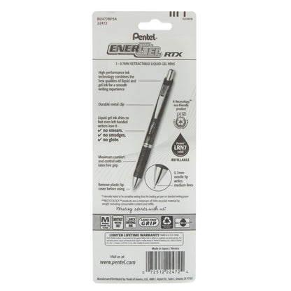 EnerGel RTX Retractable Liquid Gel Pen, (0.7mm) Needle Tip, Medium Line, Black Ink 3-Pk (BLN77BP3A)