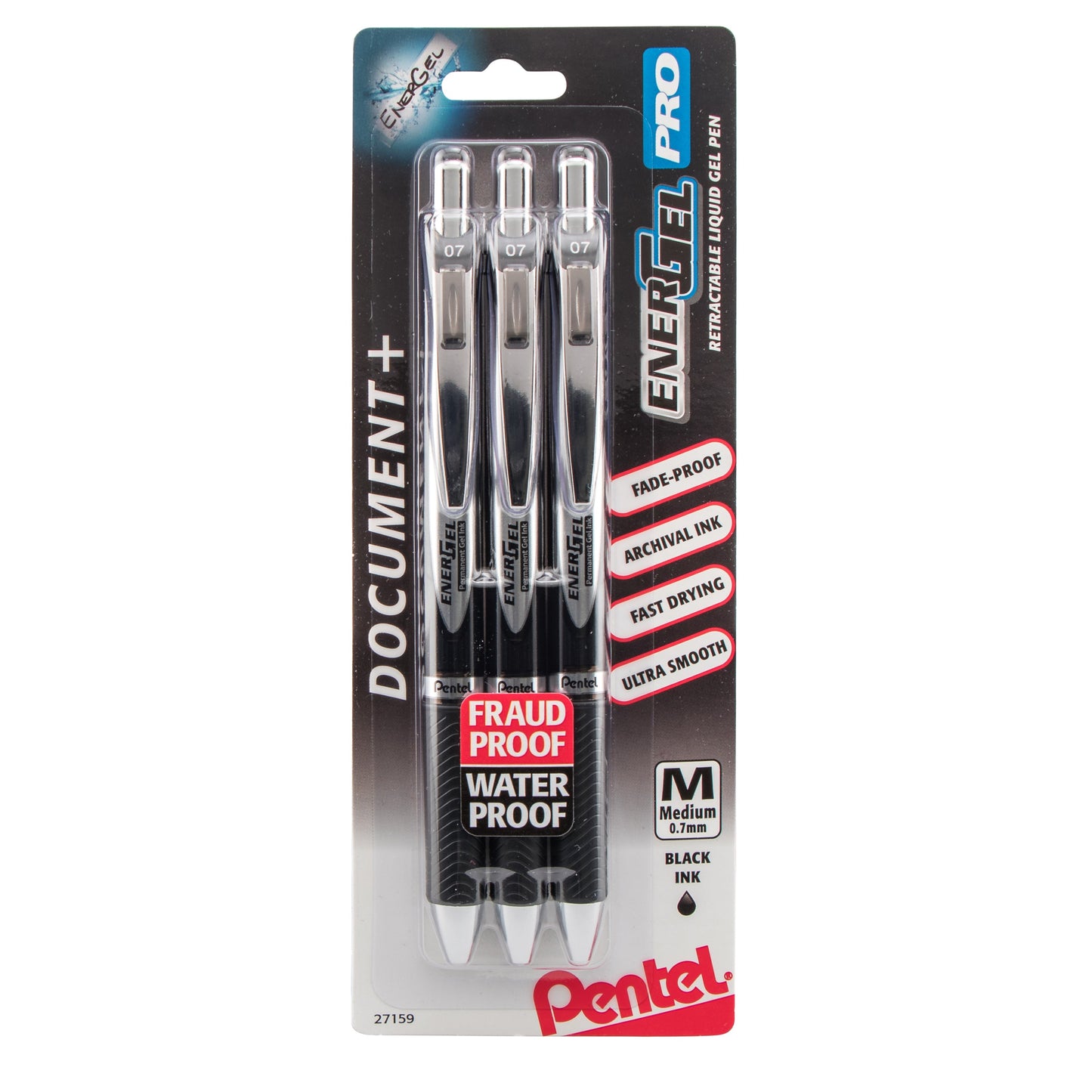 EnerGel PRO Permanent Gel Pen, (0.7mm) Medium Line, Black Ink, 3-Pk (BLP77BP3A)