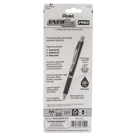 EnerGel PRO Permanent Gel Pen, (0.7mm) Medium Line, Black Ink, 3-Pk (BLP77BP3A)