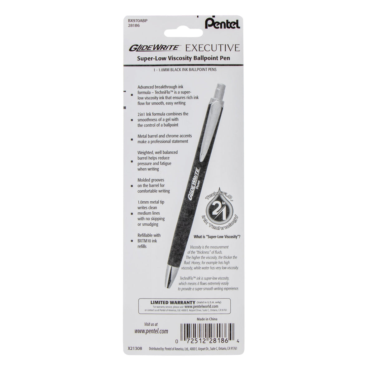 Pentel GlideWrite Executive Ballpoint Pen, (1.0mm) medium, black metal barrel,  Black Ink, 1-pk (BX970ABP), 72 Each