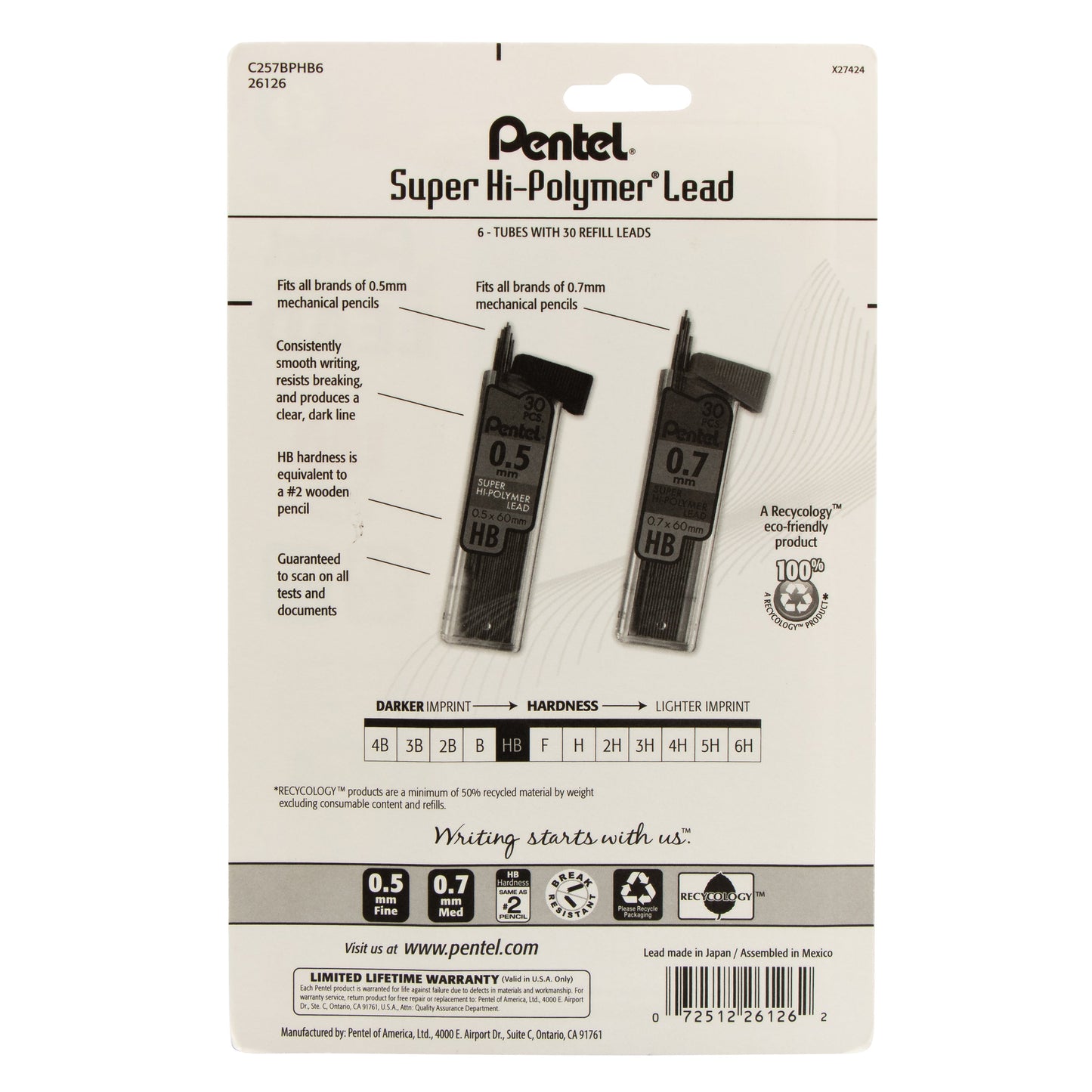 Super Hi-Polymer Lead Refill (0.5/0.7mm) Fine/Medium, HB, 30 pcs/Tube 6-Pk (C257BPHB6)