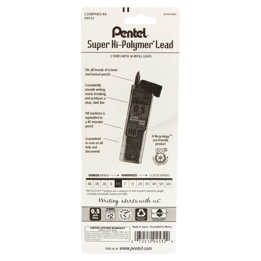 Super Hi-Polymer Lead Refill (0.5mm) Fine, HB, 30 pcs/Tube 3-Pk (C25BPHB3-K6)