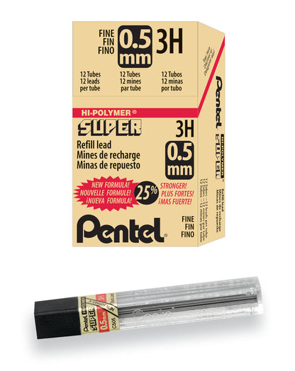 Super Hi-Polymer Lead Refill (0.5mm) Fine, 3H, 12 pcs/Tube (C505-3H)