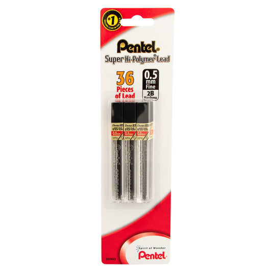 Super Hi-Polymer Lead Refill (0.5mm) Fine, 2B, 12 pcs/Tube 3-Pk (C505BP32B-K6)
