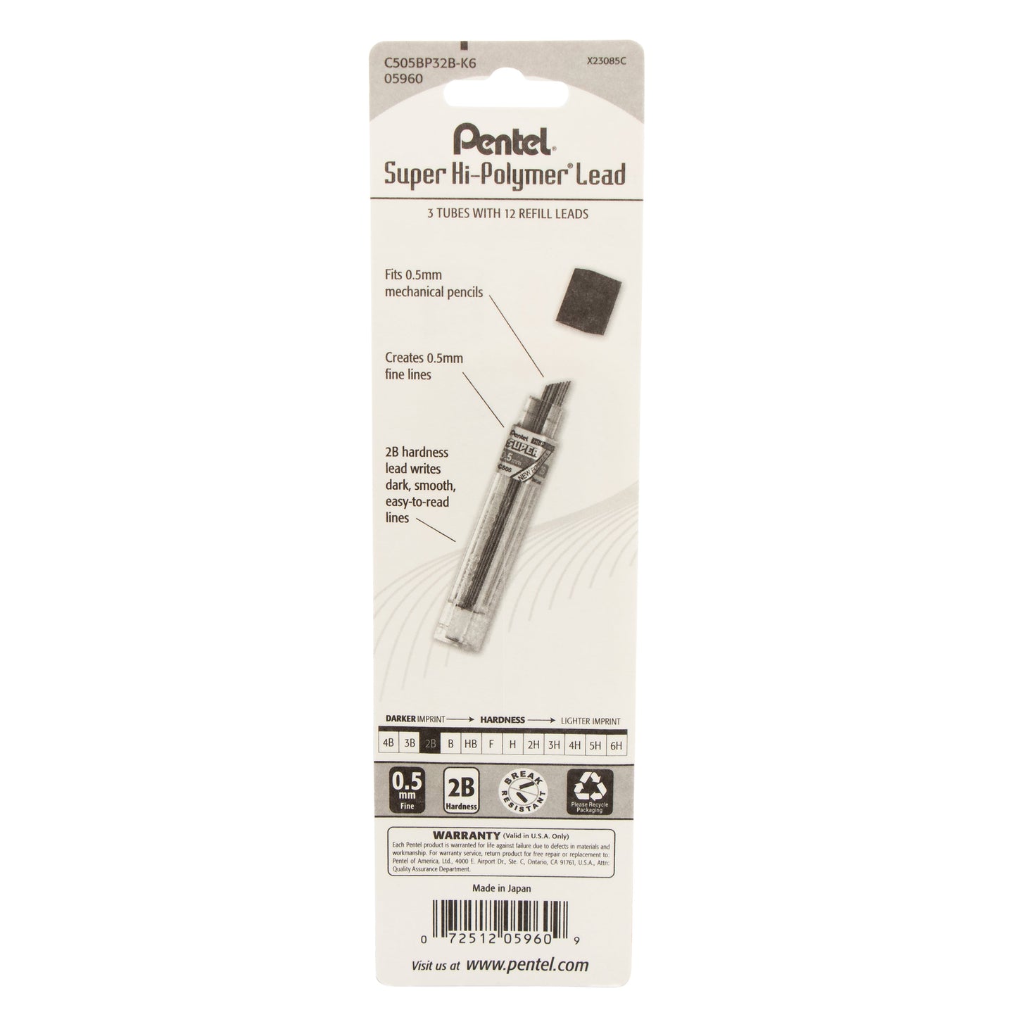 Super Hi-Polymer Lead Refill (0.5mm) Fine, 2B, 12 pcs/Tube 3-Pk (C505BP32B-K6)