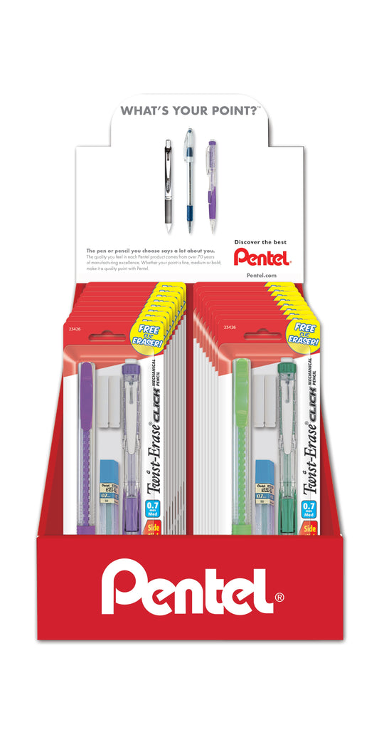 Twist-Erase Click Mechanical Pencil (0.7mm) Medium Line, Assorted Barrel Colors, Lead and Eraser Included, 1-Pks, Blister Pack Counter Display - 18 Pieces (CDPD27LEBP)