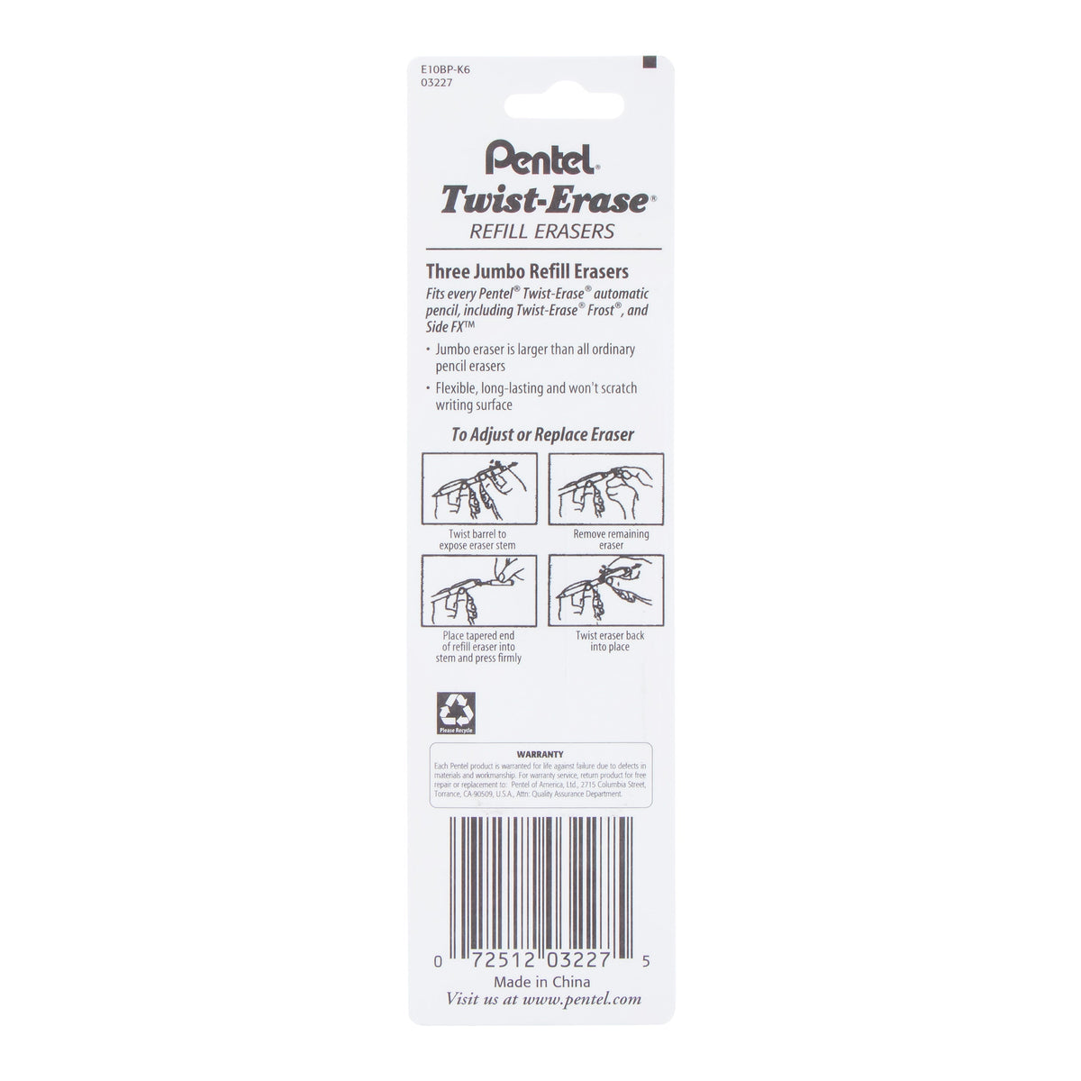 Refill Eraser For Pentel Twist-Erase Series Pencils 3 pcs/Box 1-Pk (E10BP-K6), 144 Each
