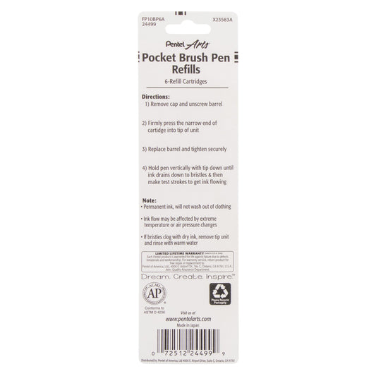 Pentel Arts Pocket Brush Refills, Black Ink 6-Pk (FP10BP6A)