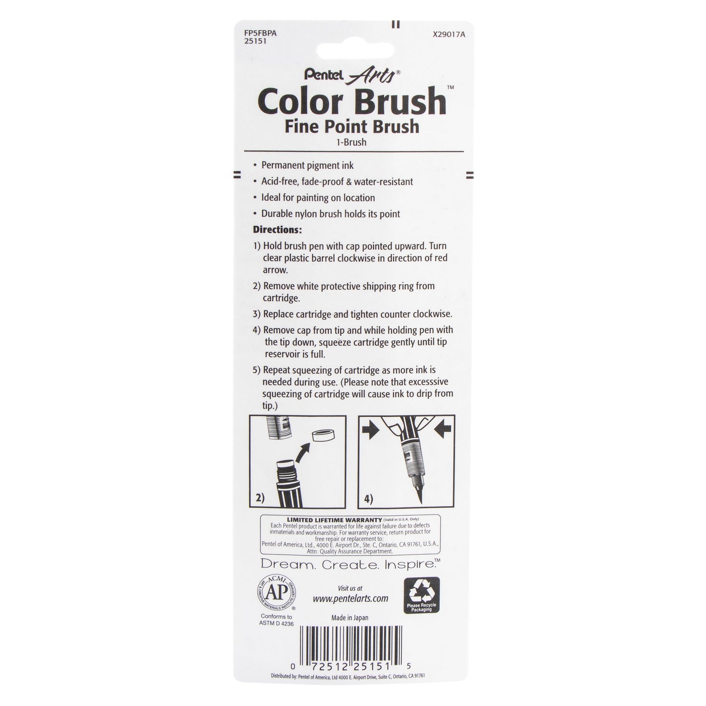 Pentel Arts Color Brush with Pigment Ink, Fine Tip, Black Ink 1-Pk (FP5FBPA)
