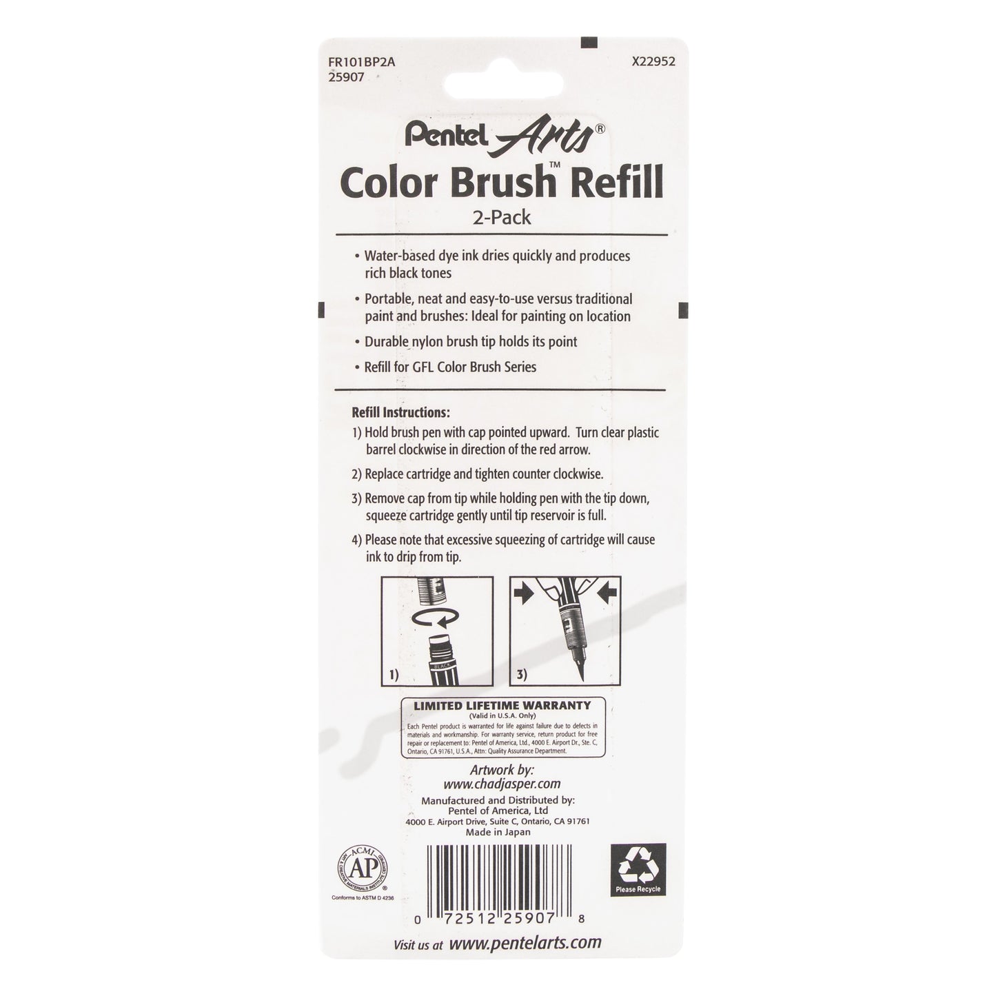 Pentel Arts Color Brush Refills, Black Ink, 2-Pk (FR101BP2A)