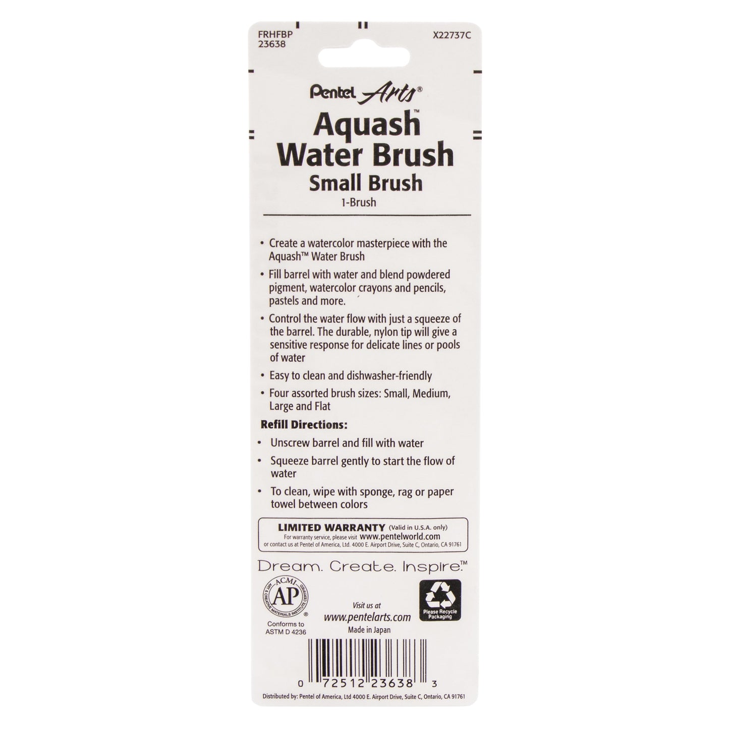Pentel Arts Aquash Water Brush Fine Point Small 1-Pk (FRHFBP)
