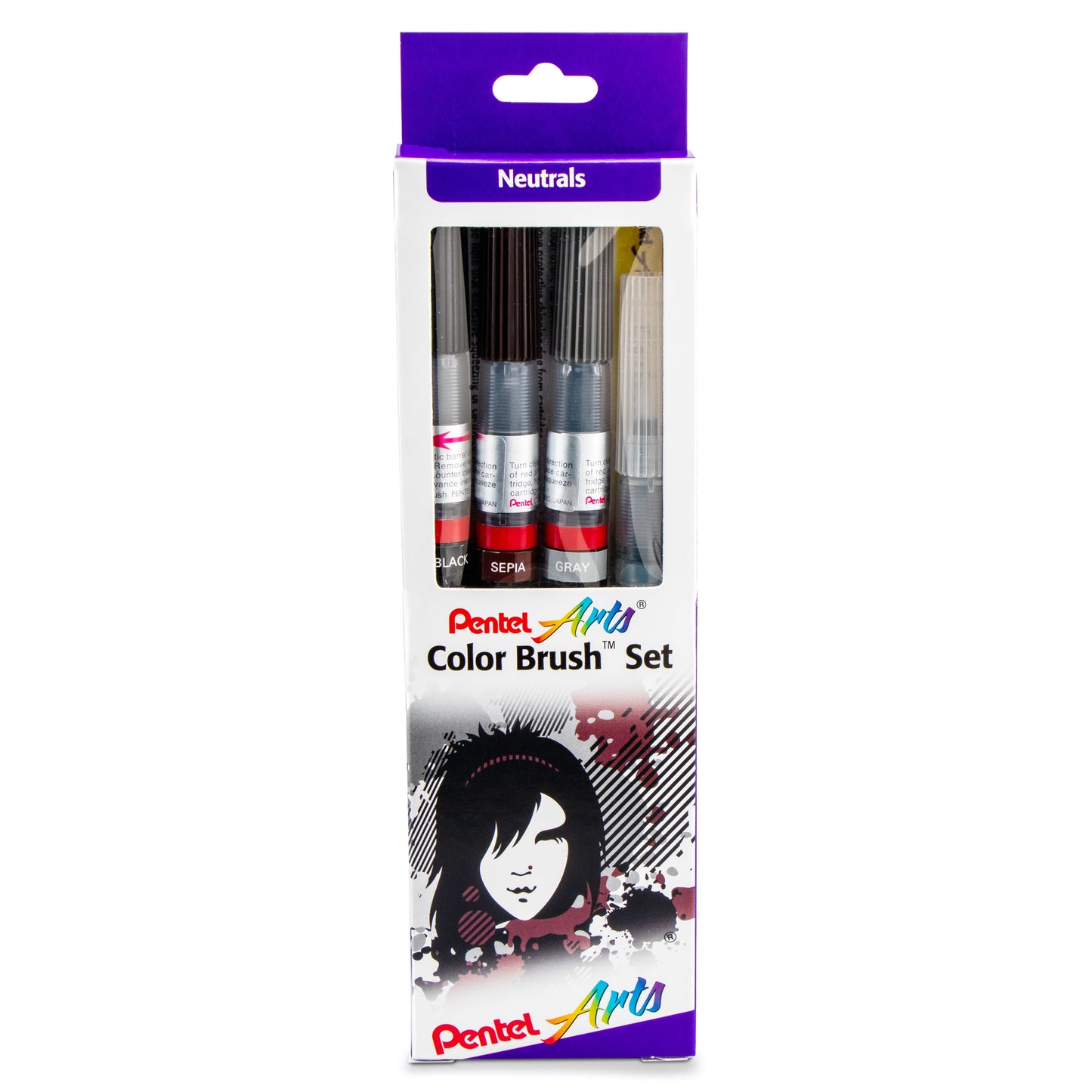 Pentel Arts Color Brush Set,  Black,Gray,Sepia, Aquash Water Brush Box Set (GFLFRHBP)
