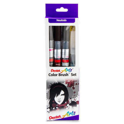Pentel Arts Color Brush Set,  Black,Gray,Sepia, Aquash Water Brush Box Set (GFLFRHBP)