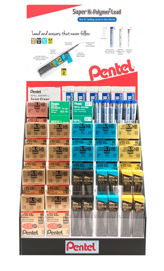 Super Hi-Polymer Lead Refill and Eraser Open Stock Display - 282 Pieces (HPE-23)