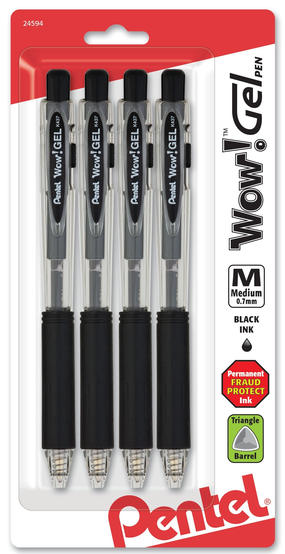 Wow! Gel Retractable Gel Pen, (0.7mm) Medium Line, Black Ink 4-Pk (K437CRBP4A)