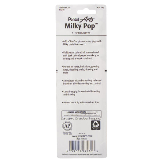 Pentel Arts Milky Pop Pastel Gel Pen, (0.8mm) Medium Line, White Ink, 2-pk (K98PABP2W)
