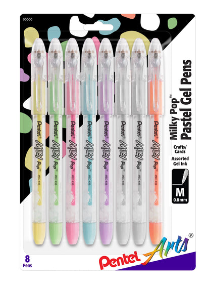 Pentel Arts Milky Pop Pastel Gel Pen, (0.8mm) Medium Line, Assorted Ink (F/G/K/P/S/V/2W), 8-Pk (K98PABP8M)