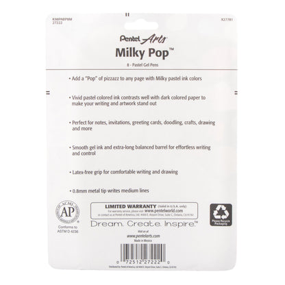 Pentel Arts Milky Pop Pastel Gel Pen, (0.8mm) Medium Line, Assorted Ink (F/G/K/P/S/V/2W), 8-Pk (K98PABP8M)