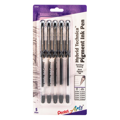 Pentel Arts Hybrid Technica (0.3/0.4/0.5/0.6/0.8mm) Gel Pen, Black Ink 5-Pk (KN10BP5A)