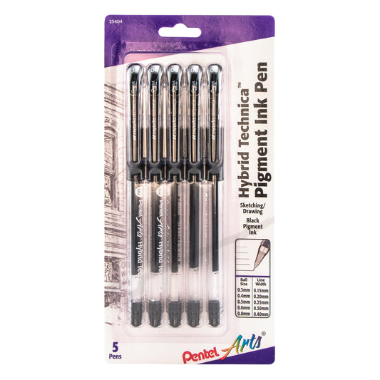Pentel Arts Hybrid Technica (0.3/0.4/0.5/0.6/0.8mm) Gel Pen, Black Ink 5-Pk (KN10BP5A)