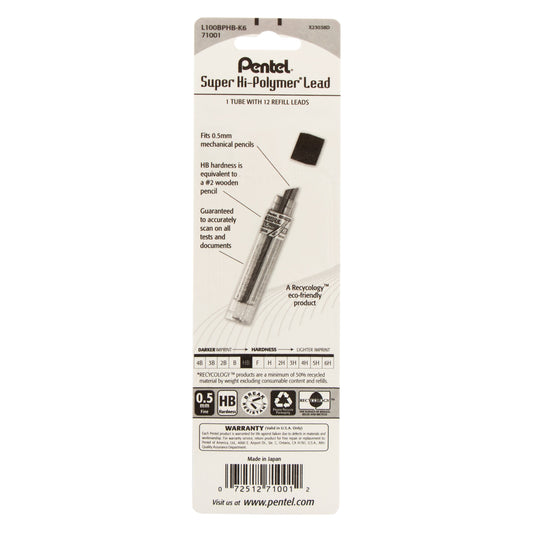 Super Hi-Polymer Lead Refill (0.5mm), HB 12 pcs/Tube 1-Pk (L100BPHB-K6)