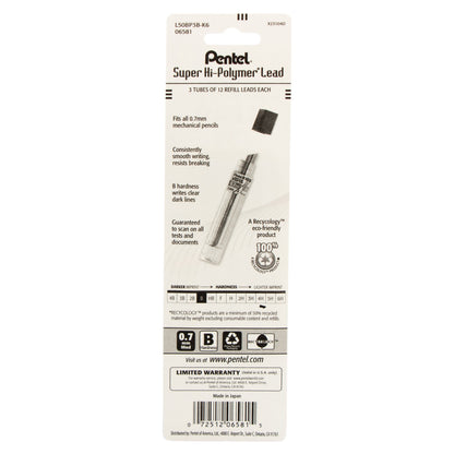 Super Hi-Polymer Lead Refill (0.7mm), B 12 pcs/Tube 3-Pk (L50BP3B-K6)