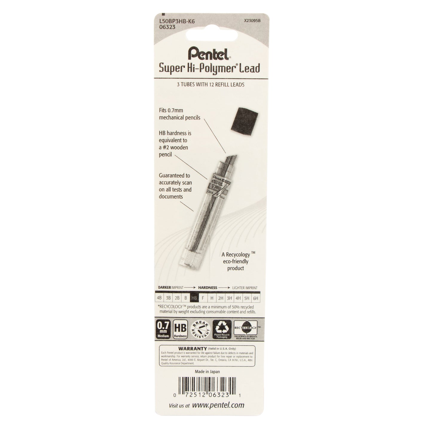 Super Hi-Polymer Lead Refill (0.7mm), HB 12 pcs/Tube 3-Pk (L50BP3HB-K6)
